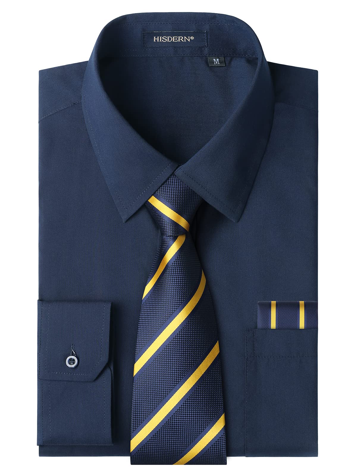 HISDERN Mens Dress Shirt with Tie Pocket Square Set Classic Button Down Shirt Matching Tie Long Sleeve Shirts