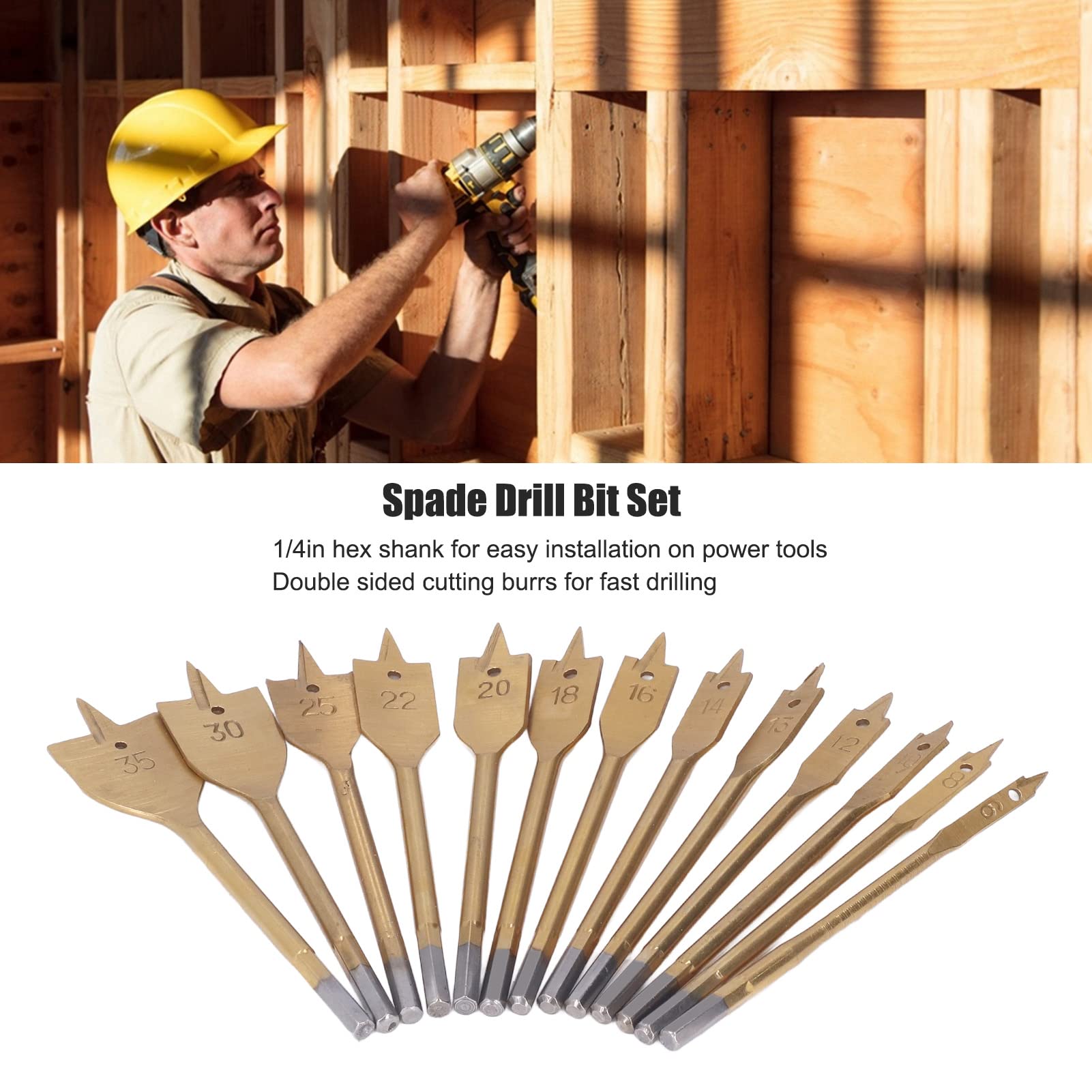 Spatenbohrer-Set, Bohrer-Set, 13-teiliges Holzbearbeitungs-Flachbohrer-Set aus Kohlenstoffstahl, 1/4-Zoll-Sechskantschaft-Spatenbohrer-Set, Lochschneider, bohren Sie das meiste Holz spatenbohrer holz