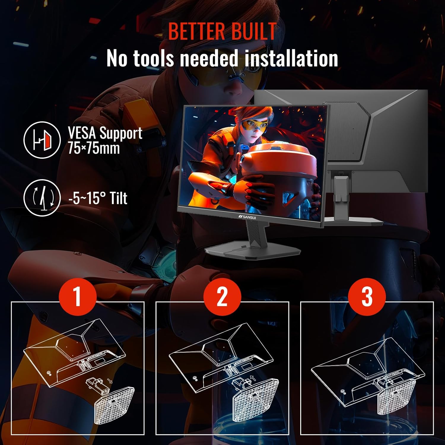 SANSUI Gaming Monitor, 24 Inch 180Hz, FHD 1080P 1ms 110% sRGB Computer Monitor, HDMI DP Ports VESA Support for Game Office (HDMI Cable Included) - Image 8