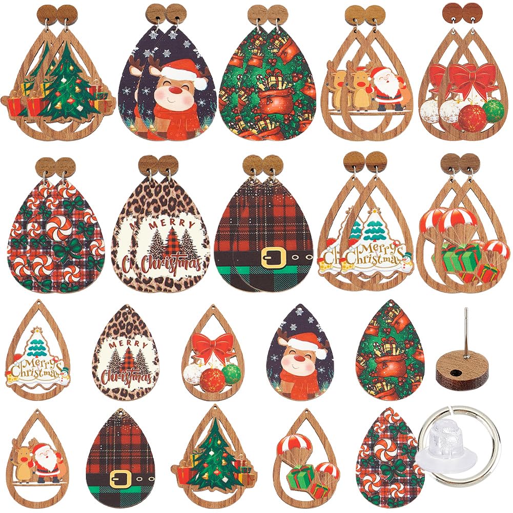 SUNNYCLUE 1 Box DIY 10 Pairs Christmas Wooden Earring Kit Wood Earring Charms Christmas Tree Charms Santa Claus Christmas Charm Wooden Charms for Jewelry Making Kits Holiday Women Adult Gift Supplies