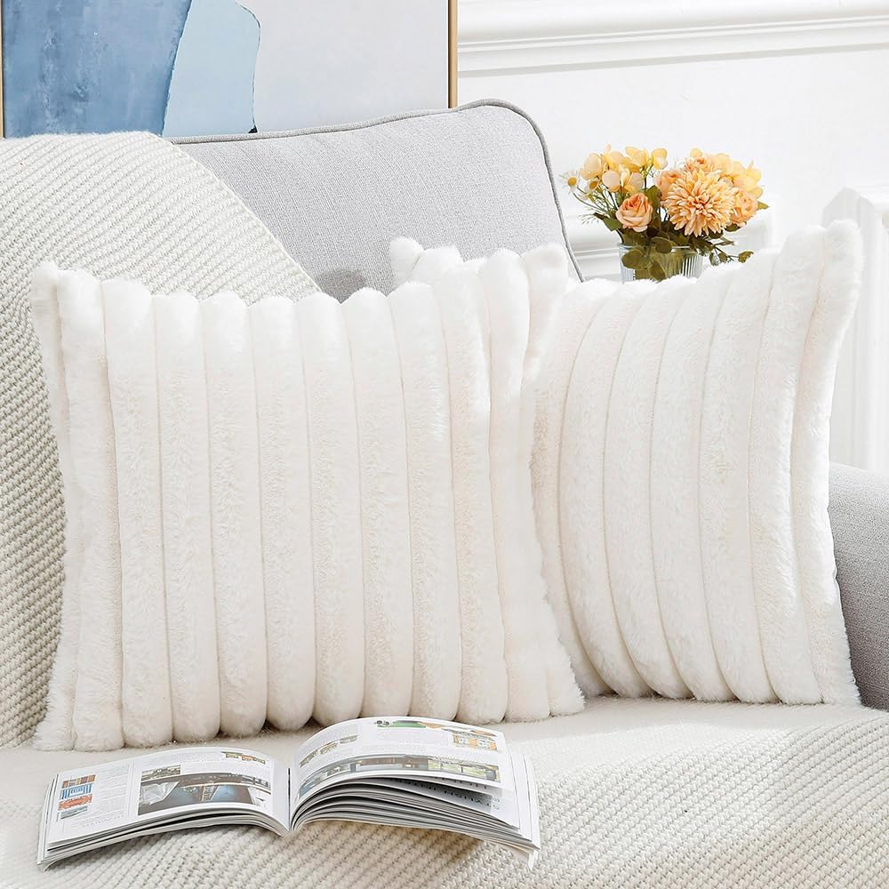 MADIZZ Set of 2 Faux Wool Plush Decorative Throw Pillow Covers 18x18 Inch Cream Fluffy Striped Soft Decorative Cushion Cover for Sofa Bedroom Pillow Shell - Image 2