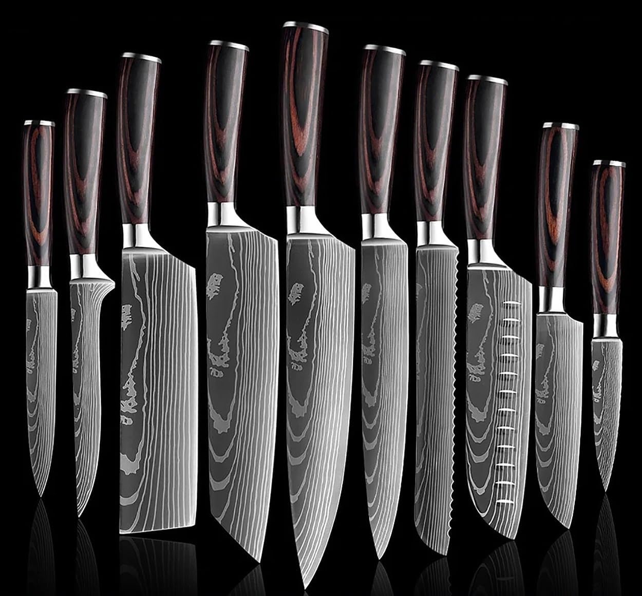 Kitchen Knife Sets, 10PCS Kitchen Knives Set Laser Damascus Pattern Ultra-Sharp Santoku Knife Cleaver Slicing Utility Fruit Knife Set