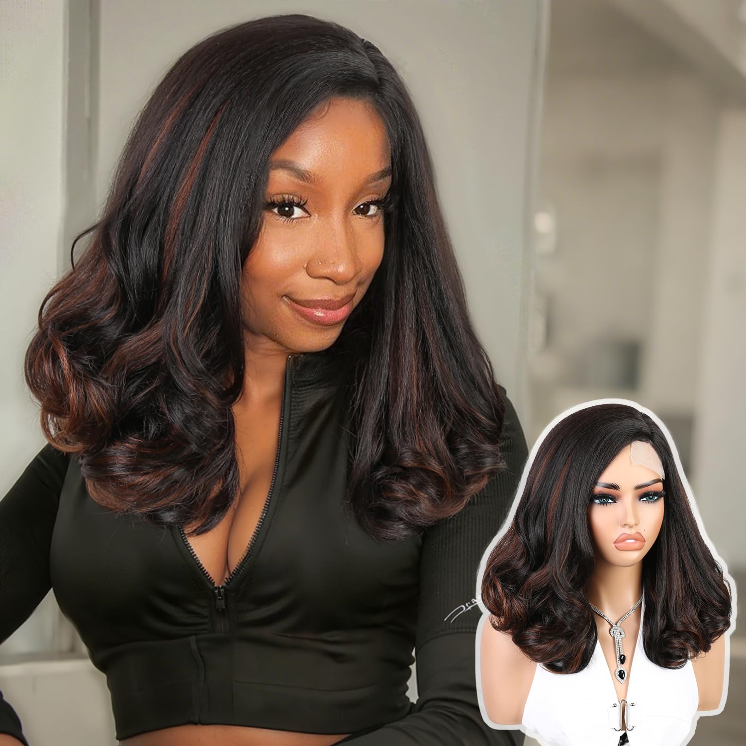 Quantum Love Brown Highlight Loose Wave Wigs Yaki Curly Mixed Brown Side Part Shoulder Length Bob Wavy Glueless Wigs for Women Daily Use (Highlight Brown, 16inch)