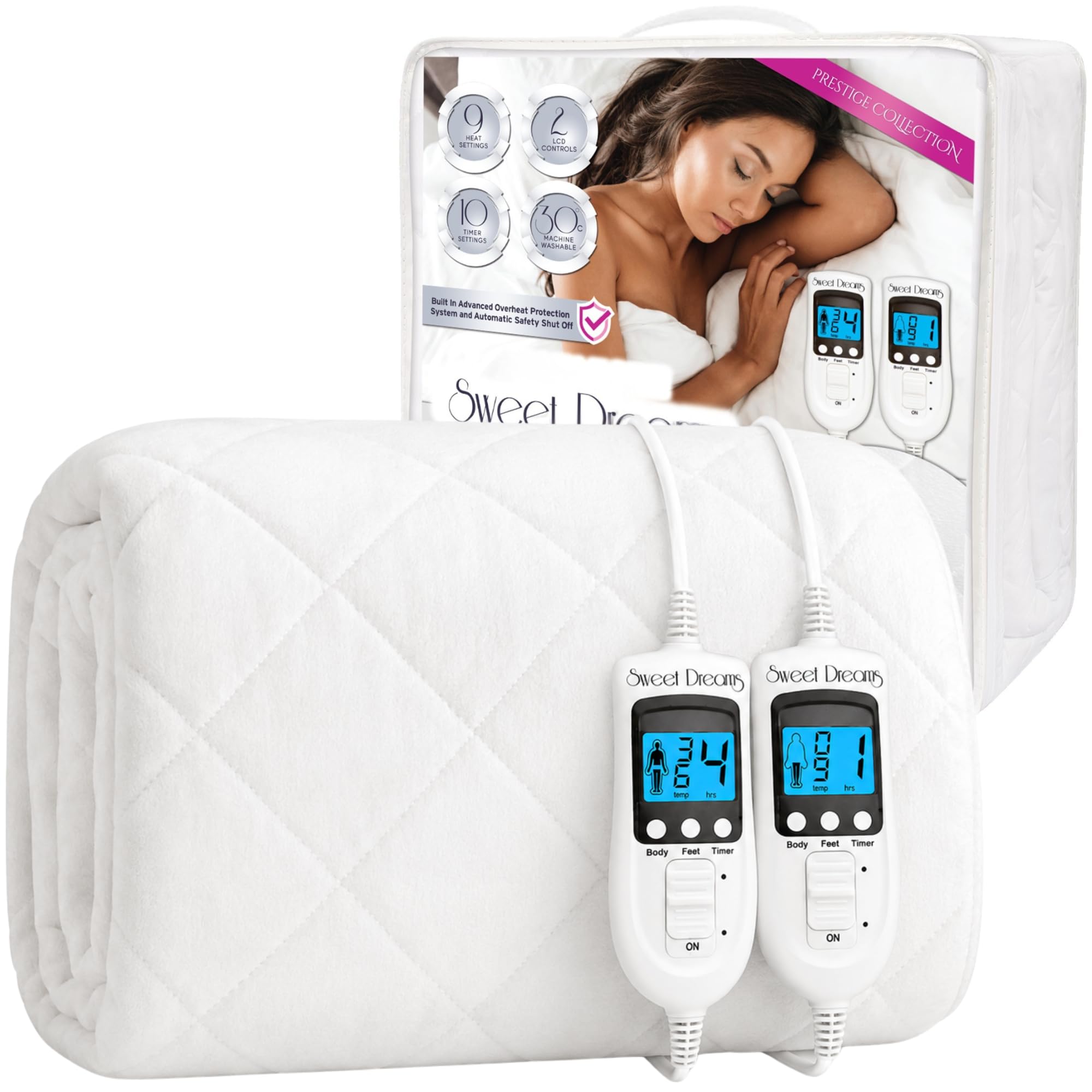 Sweet Dreams White Electric Blanket King Bed Size 203 X 152 X 40Cm, Plush Fleece Quilted, Fitted, Washable, Heated Mattress Cover Underblanket, Dual Control, Prestige (King)