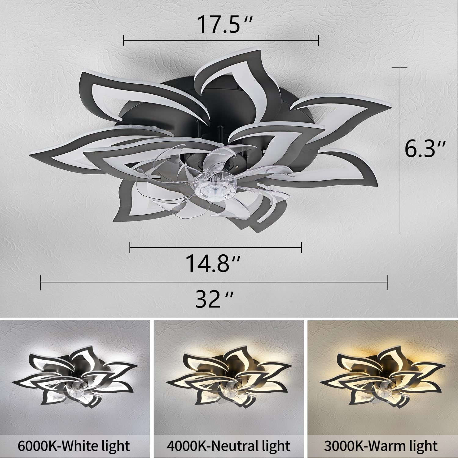 Dalouguan Ceiling Fan demonstrating three light color modes: 6000K White light, 4000K Neutral light, and 3000K Warm light.
