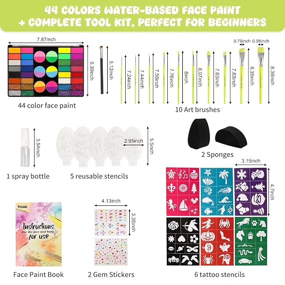 Pintada 44 Color Face Painting Kit for Kids - Non Toxic Water Activated Face Paint Palette with Stencils, Brushes, Gems & Glitter. Halloween, Carnival; Costume Makeup for Creative Activities