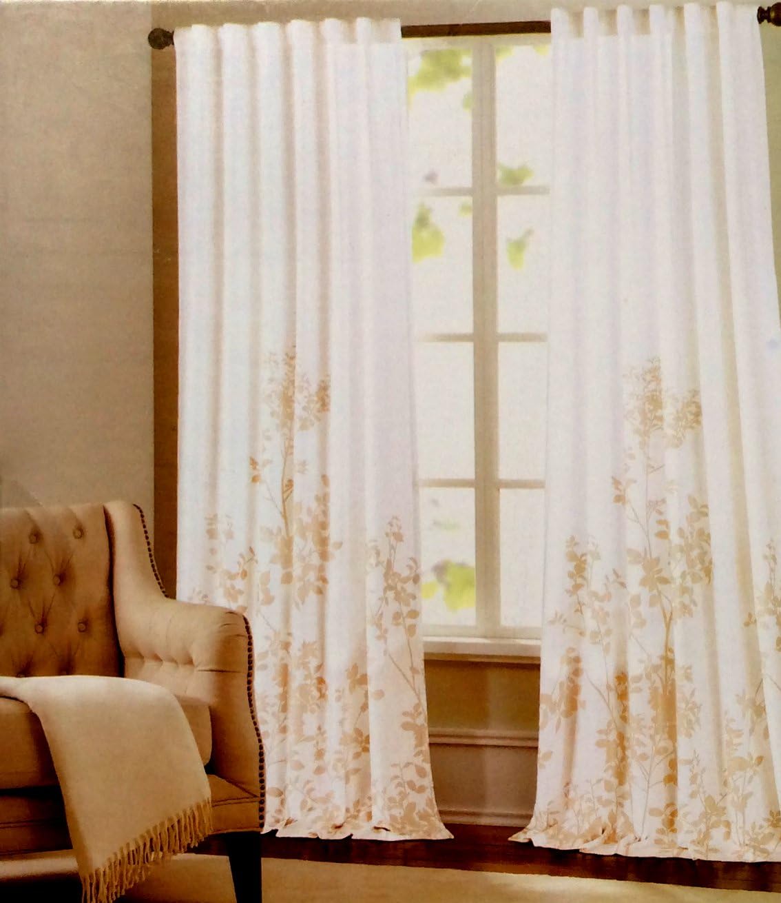 Hillcrest Window Curtains Floral Border Print Beige Tan White Leaves Silhouette Floral Garden Branches Road Pocket Curtains 100% Cotton Drapes 2 Panels 96"