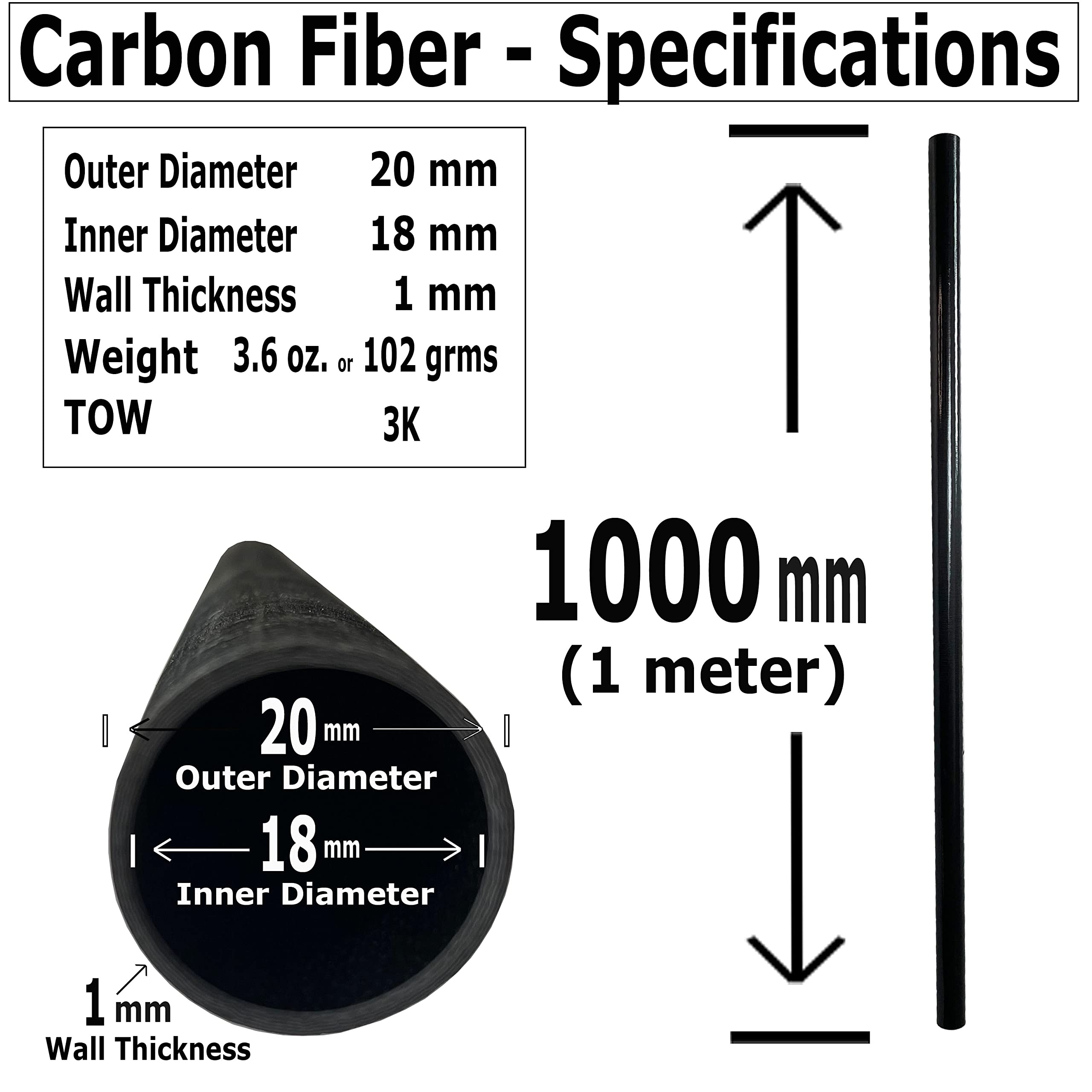 KARBXON - Carbon Fiber Tube - Silver - 20mm X 18mm X 1000mm - Hollow Carbon Fiber rods - Glossy Carbon Tubes - Pure Carbon Fibre Tubes - Lightweight High Strength Carbon Fiber Shaft -3K Wrap (2)