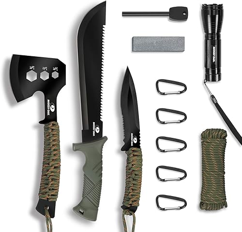 Mossy Oak Cuchillo de hacha y hoja fija con funda hacha de campamento de una pieza y cuchillo de caza con mango de cuerda incluye linterna con zoom