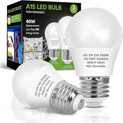 Bombilla LED para refrigerador, equivalente a 40 W, bombilla LED A15 de 5 W, luz diurna 5000 K E26, base media, bombilla impermeable para
