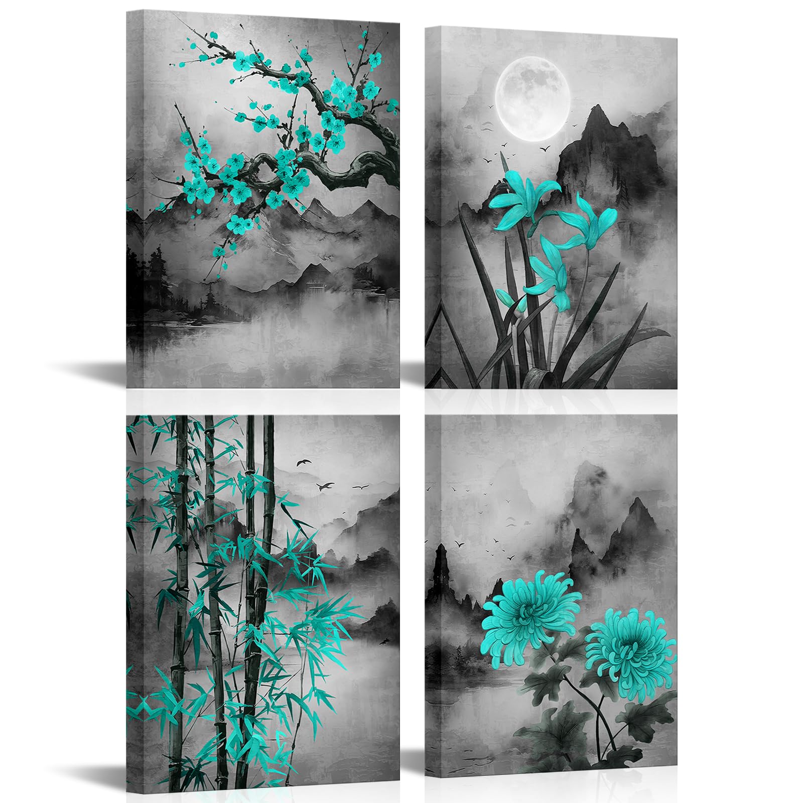 KREATIVE ARTS Black and Teal Traditional Chinese Painting 4 Pieces Plum Blossoms, Orchid, Bamboo and Chrysanthemum Canvas Wall Art for Master Room Guest Room Ready to Hang 12x16 Each