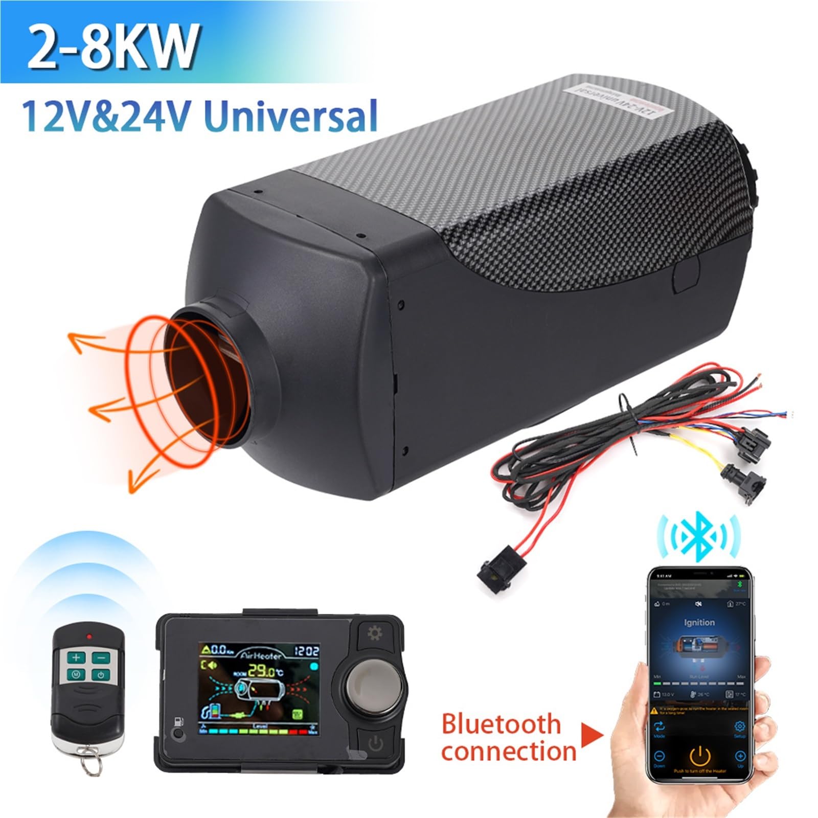 Nagrzewnica postojowa Ogrzewacz Postojowy 2-8 KW, Czarny, Uniwersalny, 12 V I 24 V, Dzielony, Do Użytku Wewnątrz I Na Zewnątrz, Na Kempingu, Łodziach, Kamperach nagrzewnica powietrza