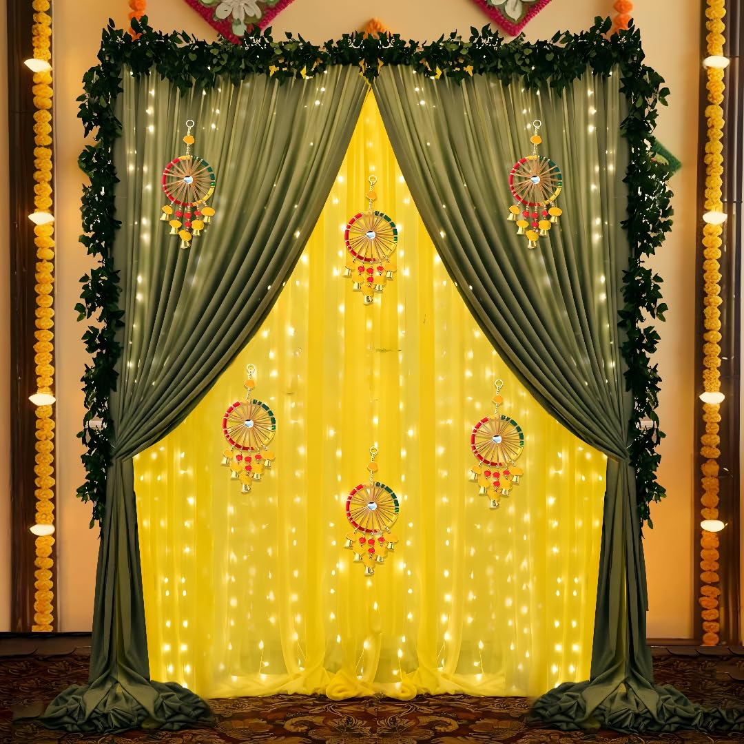 Floroom Mehendi Decoration Setup with Yellow & Green Chiffon Like Back Drop Curtain for Home,Mehendi Board Banner,Haldi Mehandi Decoration Items for Marriage (Haldi_22)