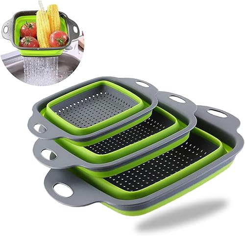 3 coladores plegables de silicona, colador plegable KEKIMO con 9.5 pulgadas, 11.4 pulgadas y 13.8 pulgadas, ideal para drenar pasta, verduras y