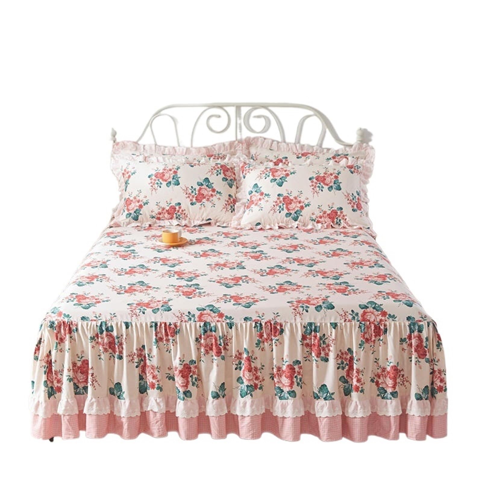 Princess Bedding Bed Skirt Pillowcases Pink Flowers Printing Cover Ruffle Bedspread Mattress(Color 5,1pc 180x220cm)