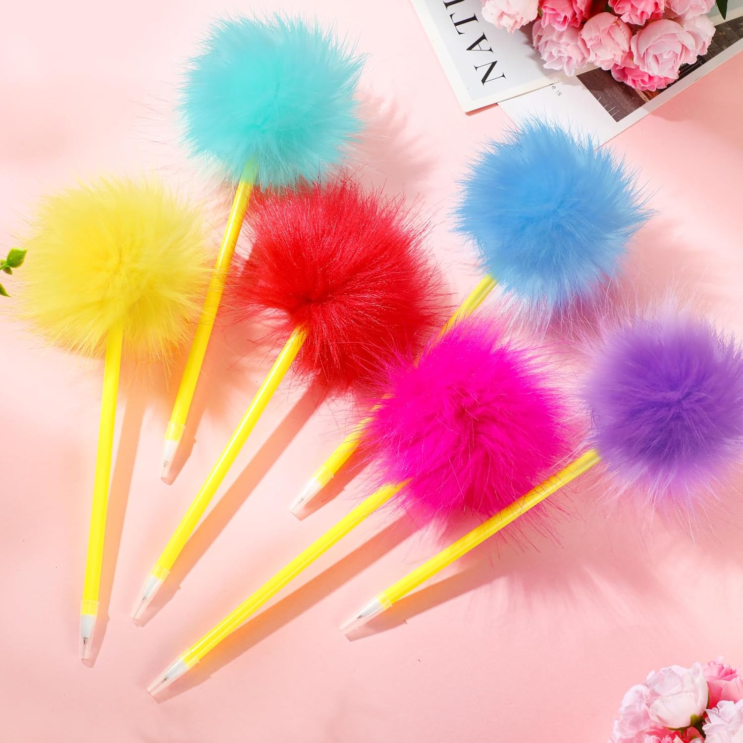 Sayglossy 24 Pcs Pom Pom Pen Tree Fluffy Pens Cute Fuzzy Fun Novelty Ballpoint Pens Set Gift for Reward Gifts Birthday Party Favor Supply Goodie Bag Stuffers(Classic Color)