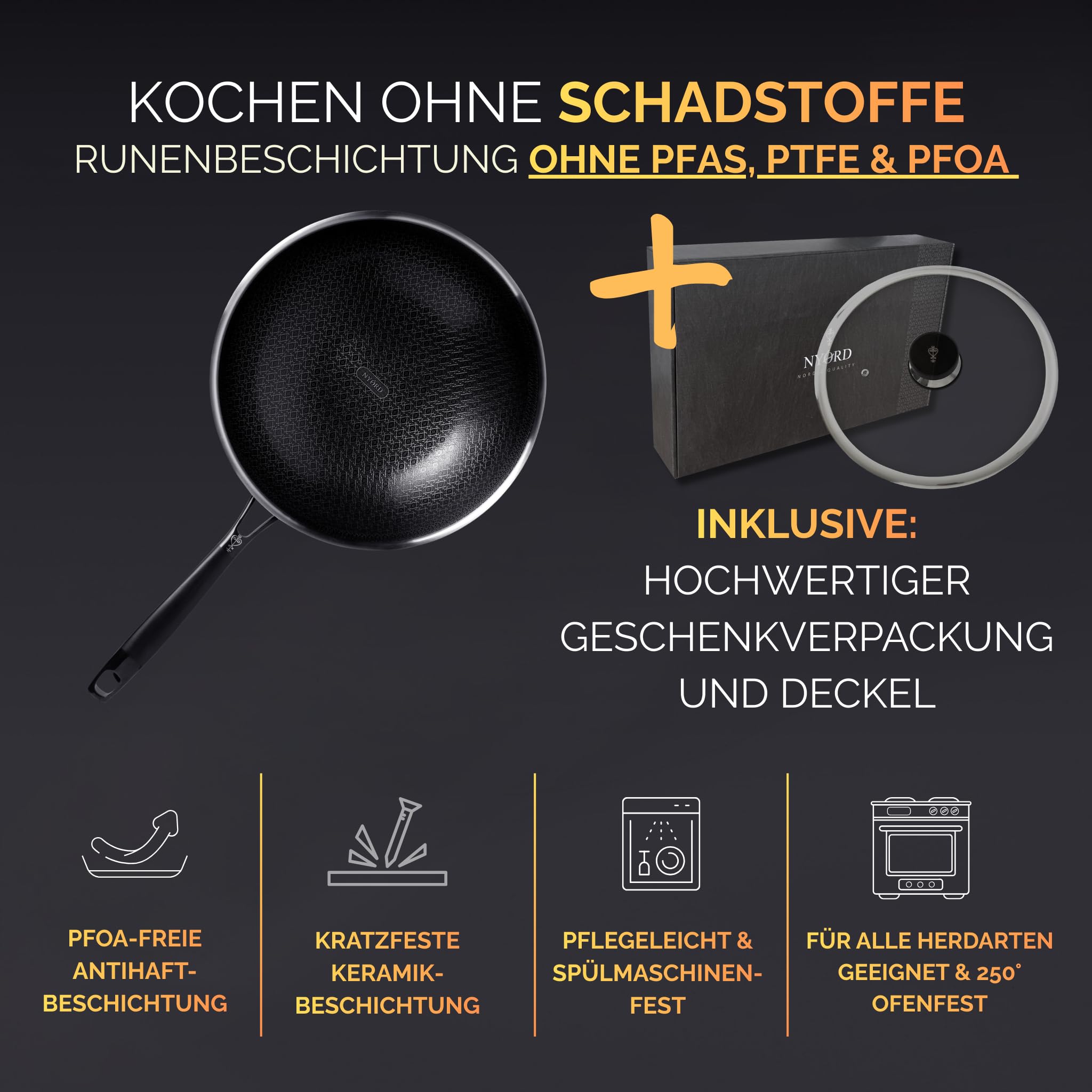 NYORD Wokpfanne [TESTSIEGER] | Antihaft Pfanne 30cm 5,5L | Hybrid Keramikbeschichtung Edelstahl Wok PFOA frei | Kratzfest Spülmaschinenfest Wabenpfanne | Wok Induktion Gas Ceran Pfanne mit Deckel