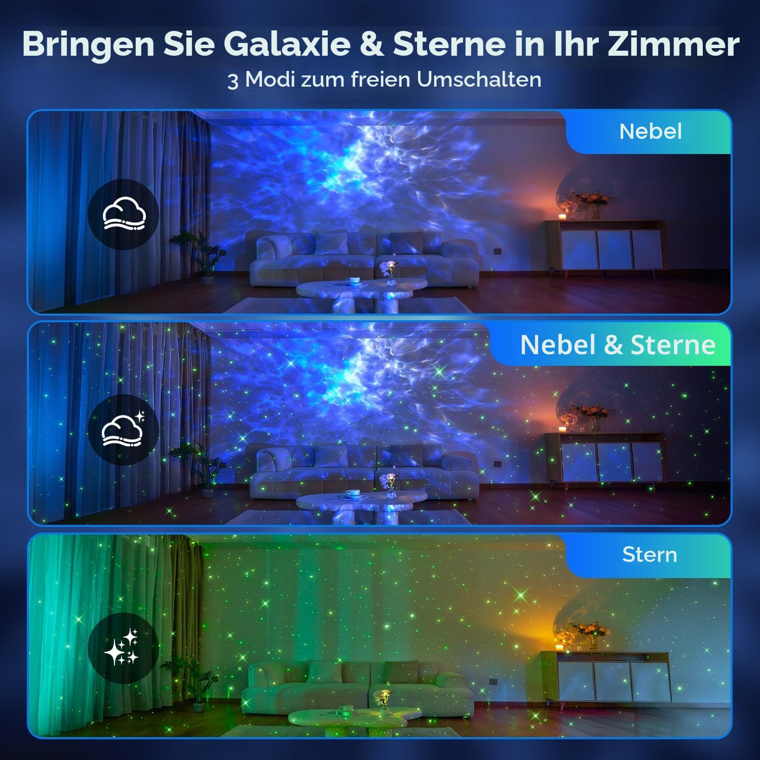 One Fire Sternenhimmel Projektor, Nachtlicht Kinder mit 15 Farben & 15 Einschlafmusik, Bluetooth, Fernbedienung, Weiß