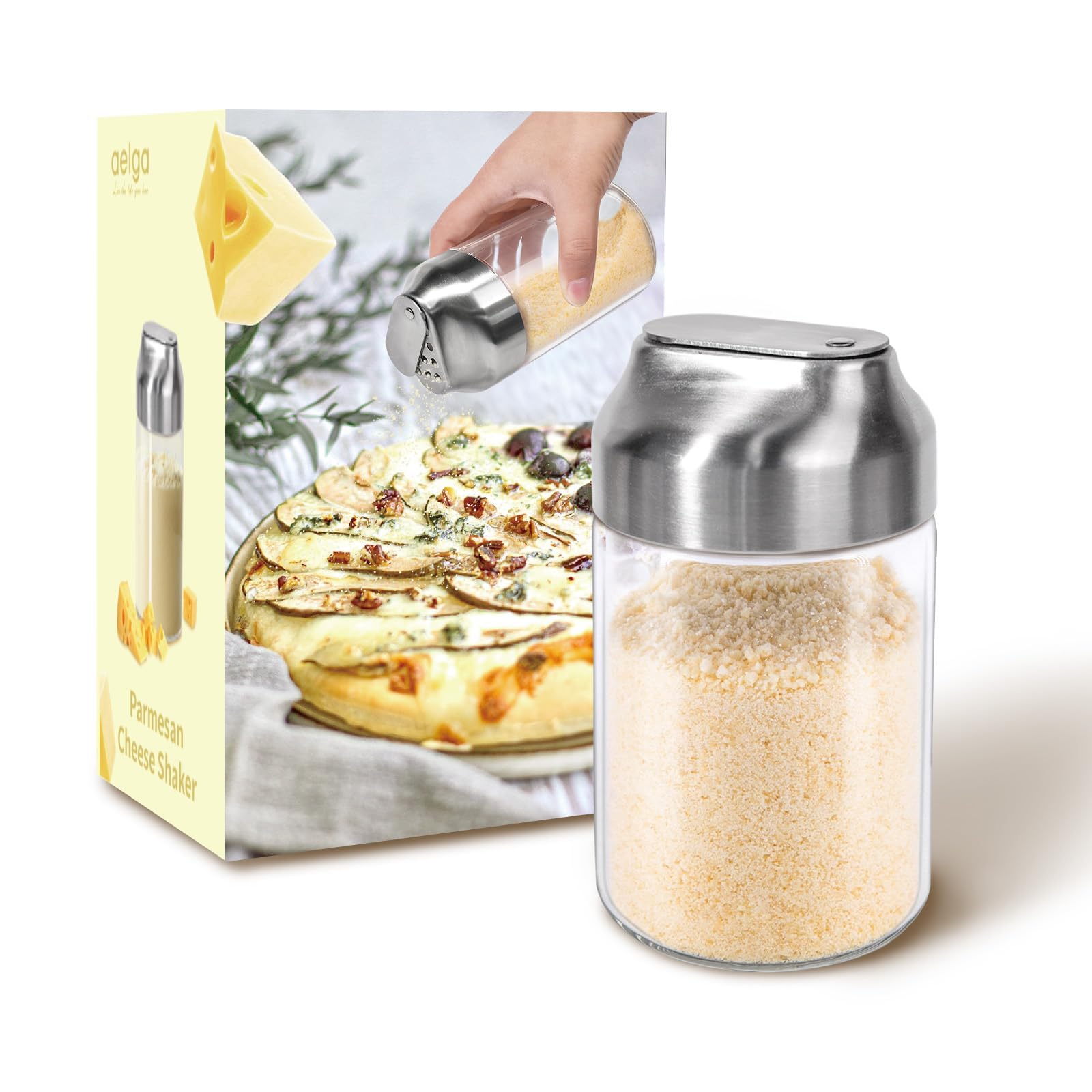 Aelga Glass Parmesan Cheese Shaker with Adjustable Pour Holes