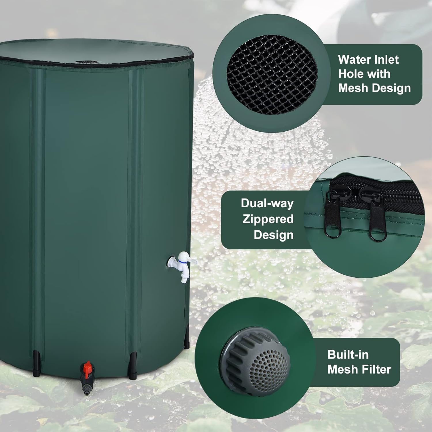 LDAILY 100 Gallon Collapsible Rain Barrel to Collect Rainwater from Gutter, PVC Rain Water Collection Barrel w/Spigot Filter & Top Mesh, Effectively Saving Water, Large Water Storage Container