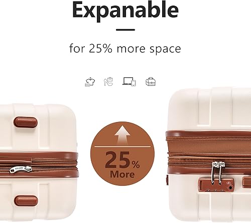 Miniatura 5 de Merax 3 piezas expandible Abs Hardshell Equipaje Sets Spinner Wheel Maleta TSA Lock Suit Case, Marfil marrón, Merax 3 piezas expandible Abs