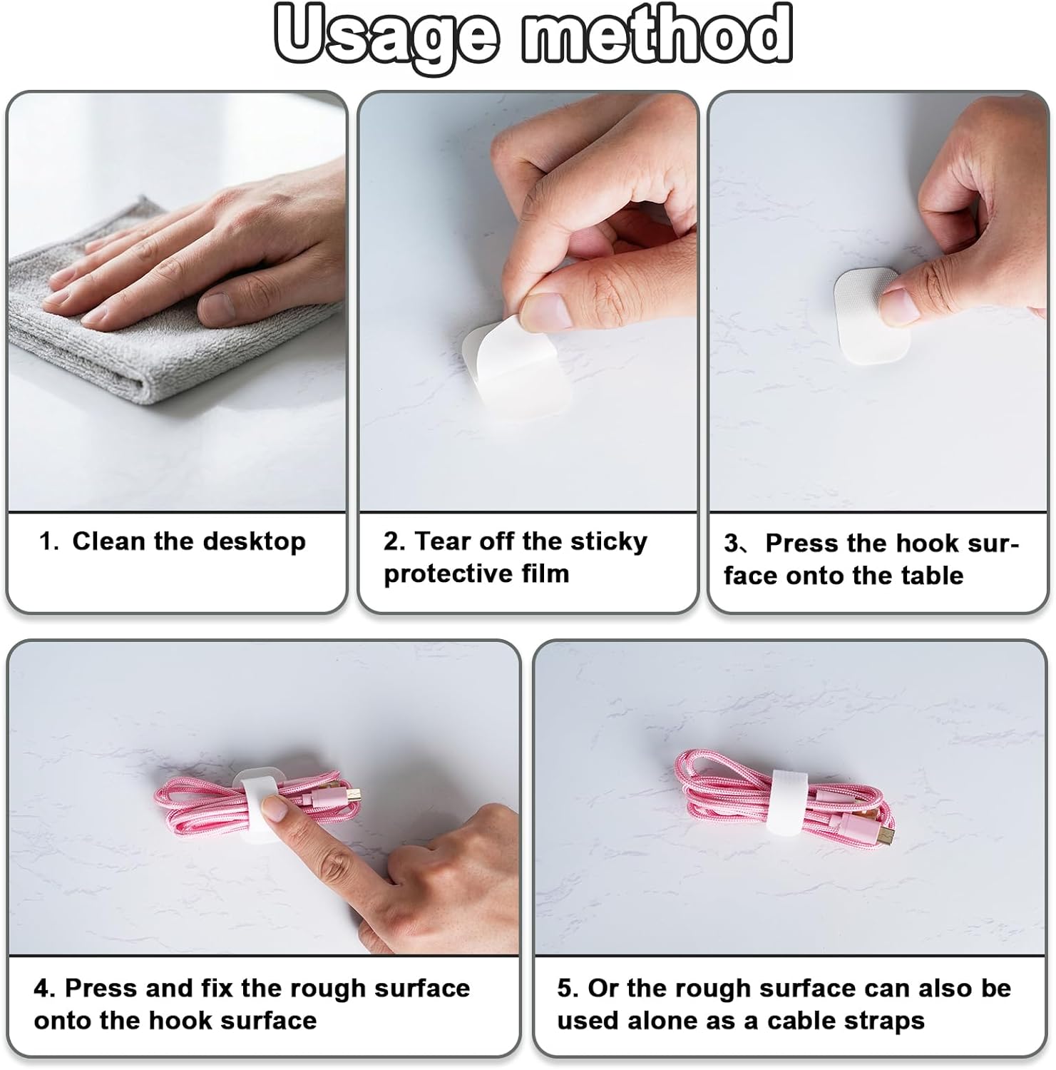 Cable Management Under Desk,Detachable Cable Management,Adjustable Hook and Loop Cable Ties,Reusable Cable Management Under Desk,Cable Clips Under Desk,20Pack(White)