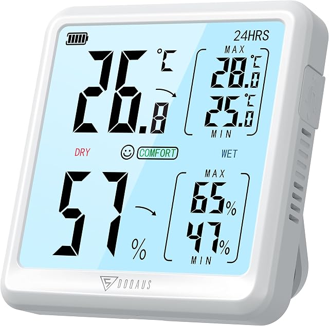 DOQAUS Room Thermometer Hygrometer, Digital Humidity Meter Thermometer Room Temperature Monitor with Touch Backlight, Large Screen Rechargeble Indoor Thermometer for Nursery Greenhouse Wine Cellar