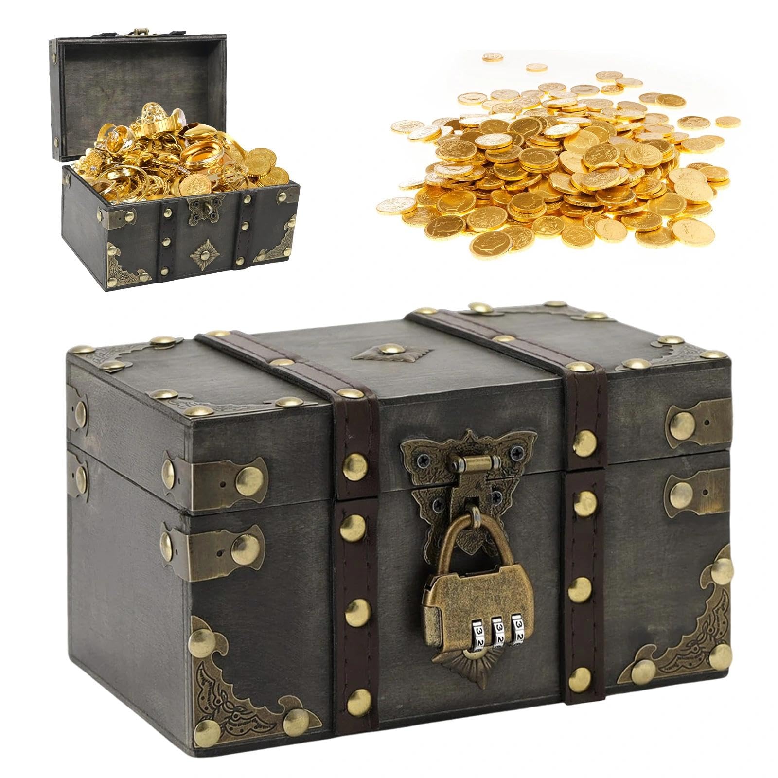 Cofre del Tesoro de Madera Vintage Cofre Pirata Caja con Candado Numerico Caja de Regalo de Madera para Decoración Regalos (18x11x10 cm)