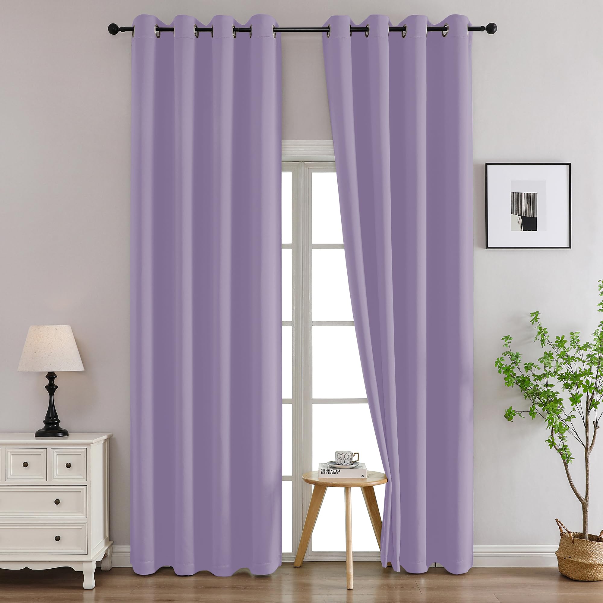 Simplebrand Lilac Curtains for Bedroom Living Room 96 Inches Long 2 Panels Set, Room Darkening Thermal Insulated Curtains &amp; Drapes, Solid Grommet Noise Reducing Window Treatment, W50 x L96 Inch