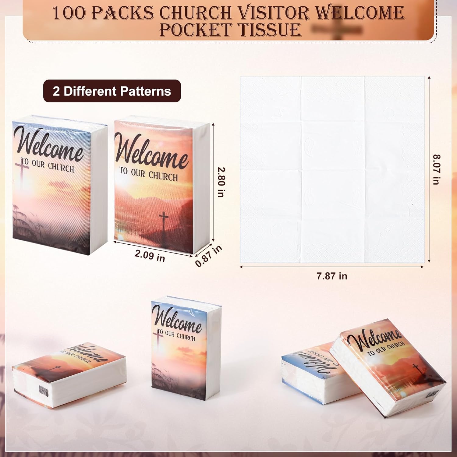 Glenmal 100 Pack Christian Tissues Welcome to Our Church Facial Tissues Individual Packs Mini Pocket Paper Towels Travel Size Bulk for Wedding Travelling Homeless, 3 Ply 8 Sheets Per Pack