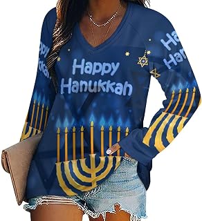 Happy Hanukkah Jewish Chanukah Holiday Women's Long Sleeve Shirts Casual V Neck Tops Tee Tshirts