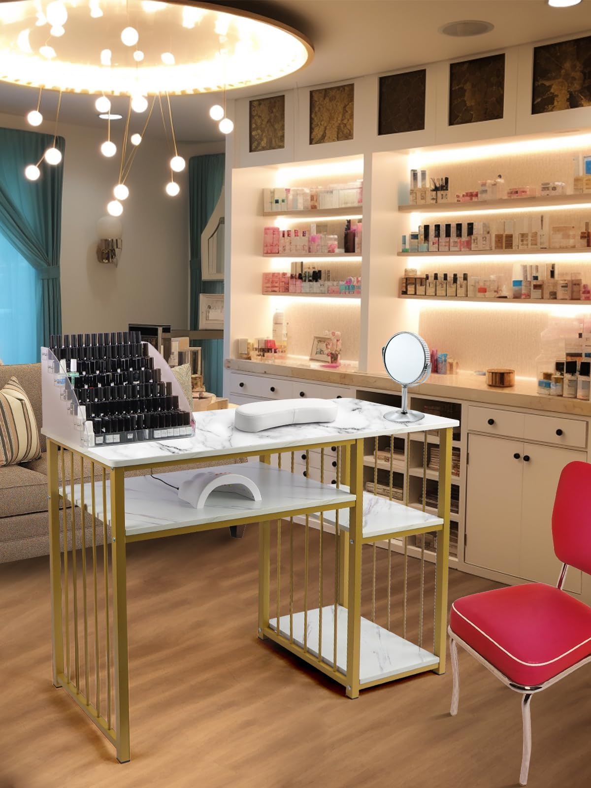 EBANKU Mesa de Manicura, Mesa de Manicura de Doble Capa con Estampado de Mármol Escritorio de Técnico de Uñas con Reposabrazos para Técnicos de Uñas