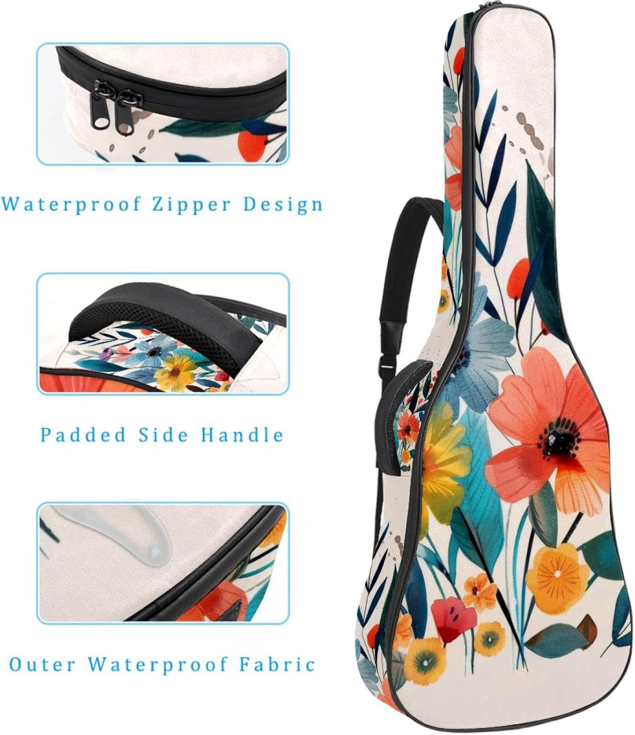 Acoustic Guitar Gig Bag 1 cm Thick Padding, Waterproof Electric Guitar Bag 40-42 Inch Guitar Case Backpack with Dual Shoulder Strap, Garden Vintage Watercolor Flowers