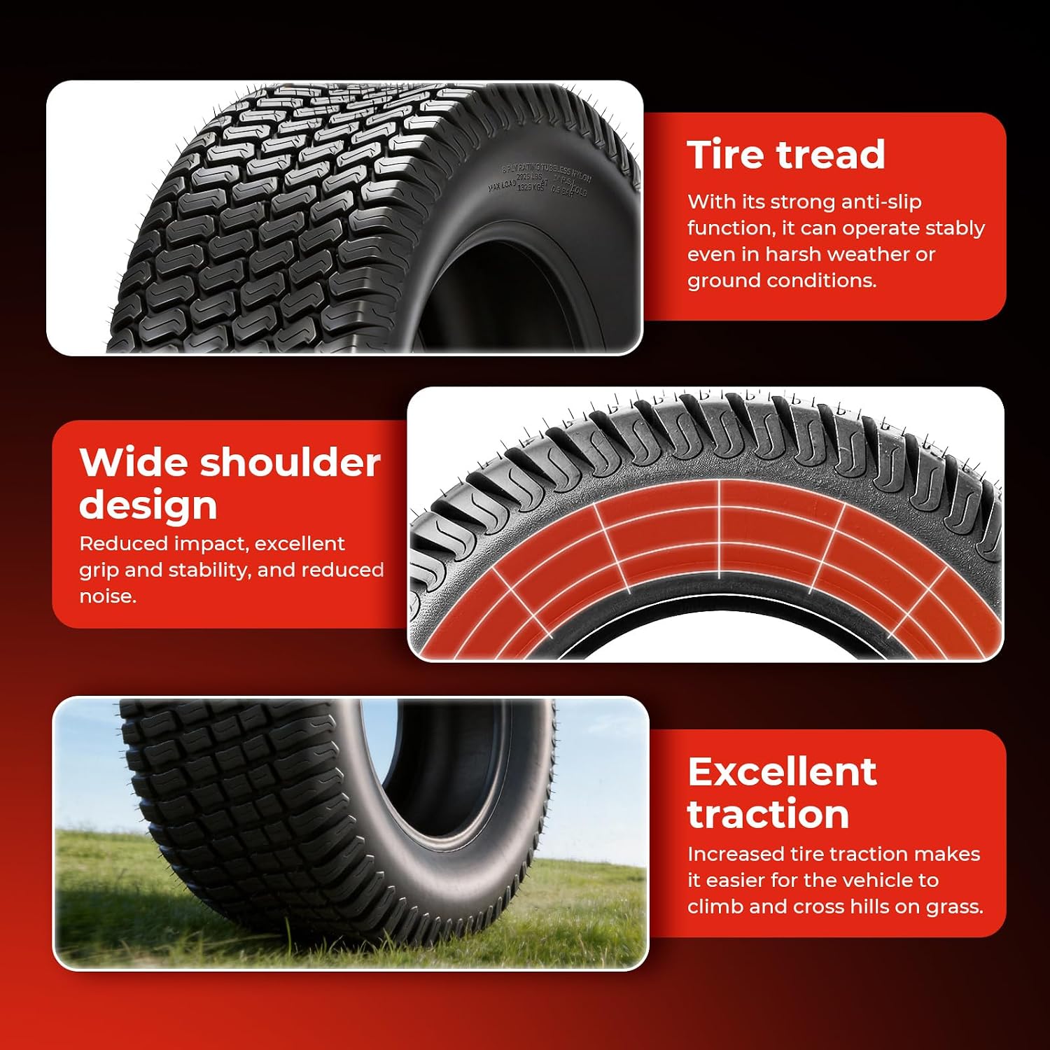 24x12.00-12 Lawn Mower Tires, 24x12x12 Heavy Duty Turf Saver Tires for Lawnmower Garden Tractor Golf Cart, 8PR Tubeless, Set of 2