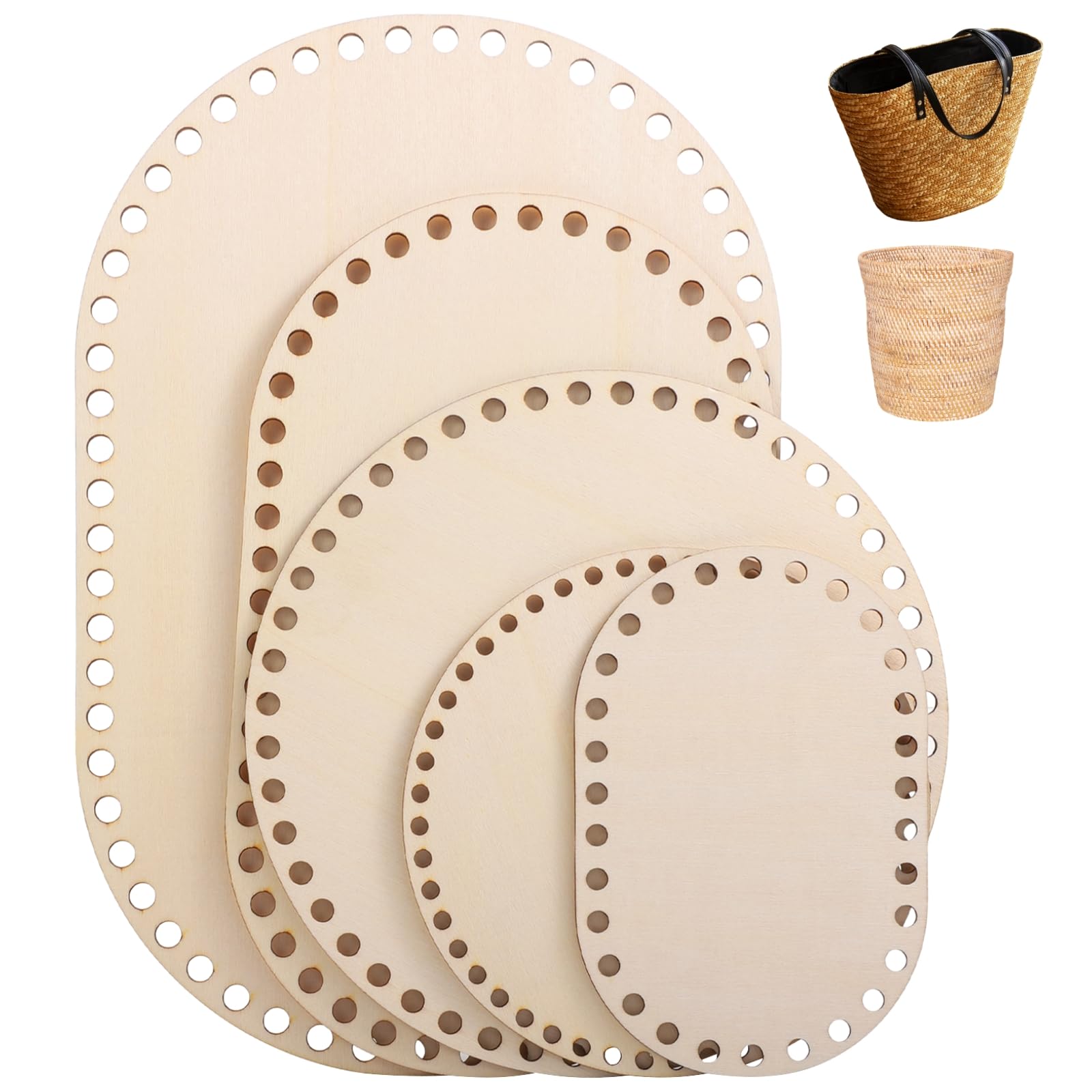 5-Piece Wooden Basket Bottom Set - Oval & Round Bases For Crochet Baskets | 2mm Thick Pre-Drilled Holes For Easy Weaving