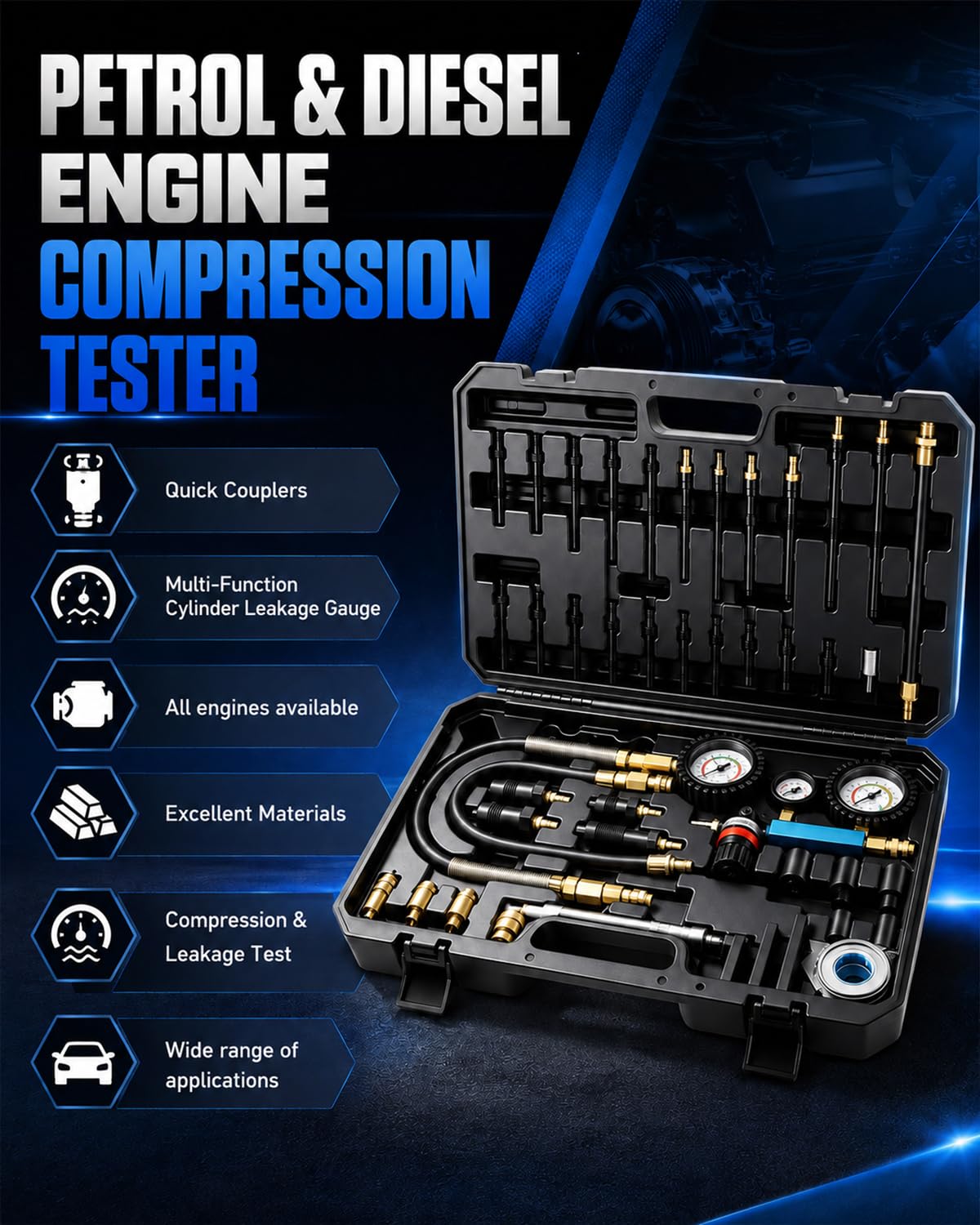 INCENDIOS 47 PCS Kit de Comprobador de Compresión y Detector de Fugas | para Motores Diésel y Gasolina, Medidor de Compresión 0-700 PSI / 0-50 Bar, Tester de Compresión para HDi, TDCi y Pumpe-Düse