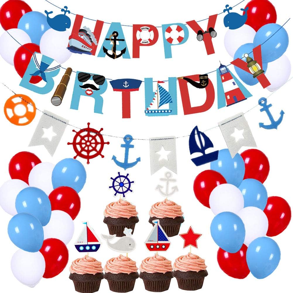 77Pcs Nautical Party Supplies: Nautical Happy Birthday Banner, Bunting, 30pcs Latex Balloons (Red, Blue, White), 24pcs Cupcake Toppers - Pirate Theme for Boys' Birthday Parties
