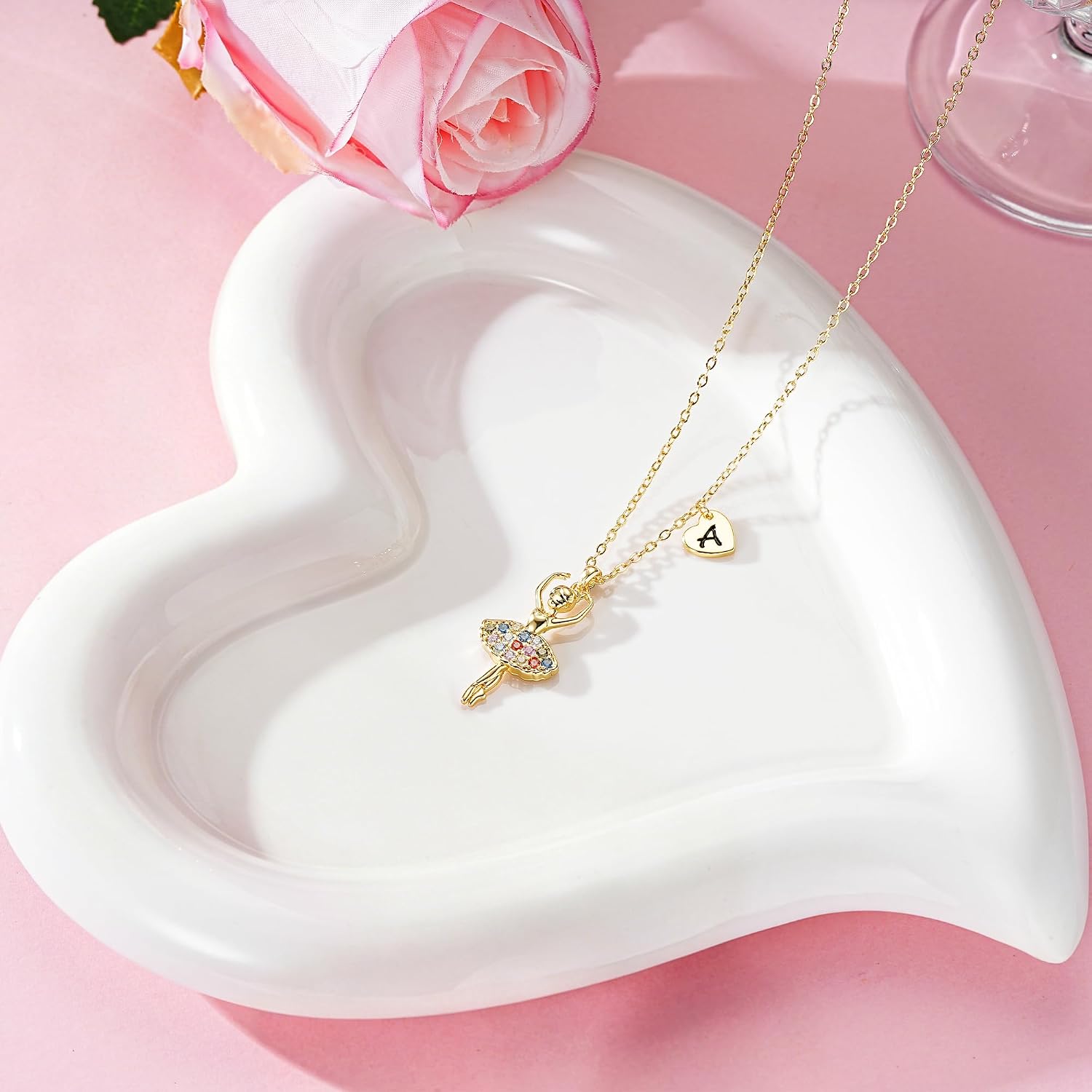 Dance Recital Gifts for Girls - 14K Gold Plated Rainbow CZ Ballet Ballerina Necklace Heart Initial Necklace for Girls Kids Ballet Dancer Graduation Birthday Gifts for Girl Women Jewelry
