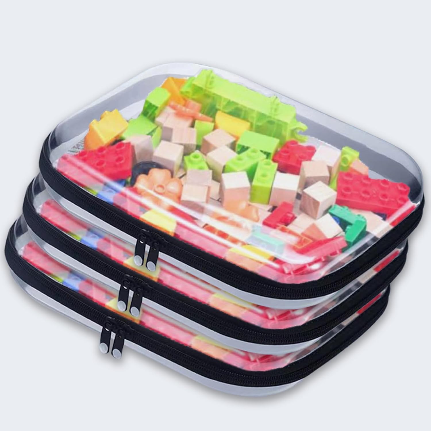 3PCS Clear Hard Shell Zipper Case, Zippered Pouch,Storage Toy Bags, for Travel Toiletry Bag & Cosmetic Organizer Case & Small Items & Toys& storage & Building Blocks& Puzzles (Large)