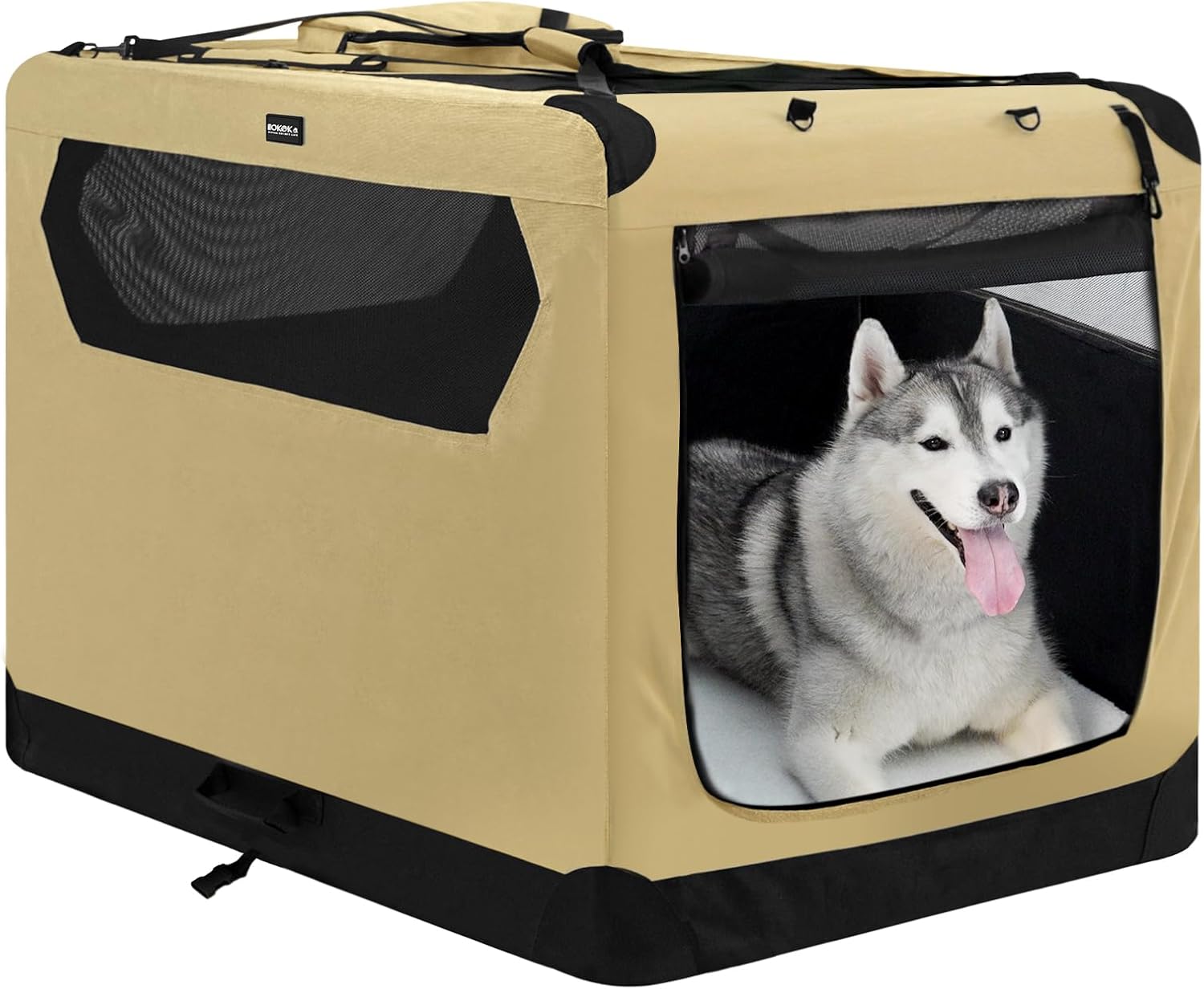 Soft Collapsible Dog Crate for Large Dogs - 42 Inch Foldable Soft Dog Kennel with Durable Mesh Windows, Indoor & Outdoor Portable Travel Dog Crate, Khaki, 42x31x31 Inches