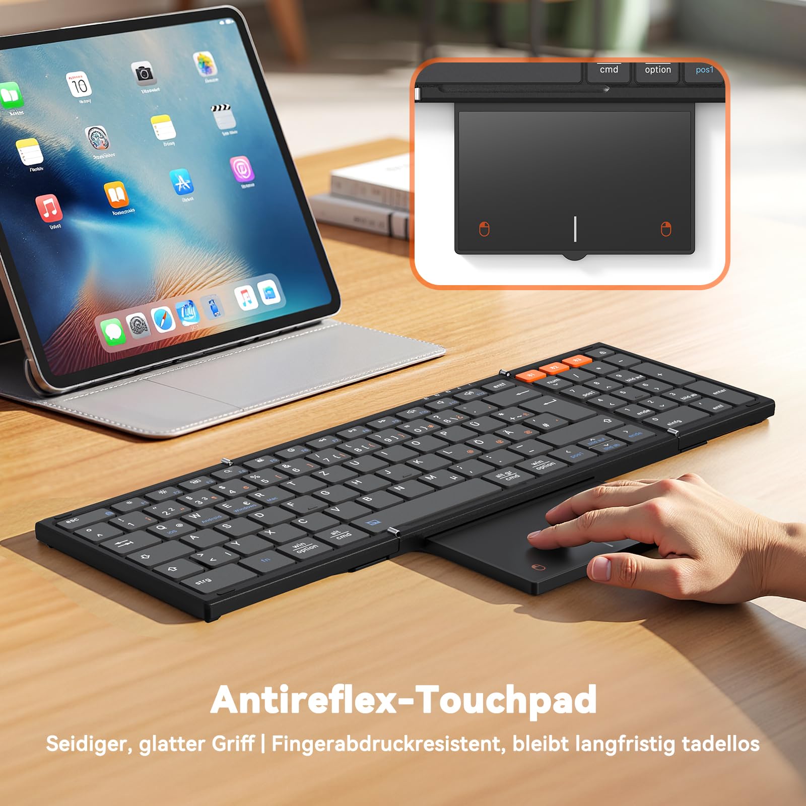 MEETION Faltbare Bluetooth-Tastatur mit Touchpad, QWERTZ, Kabellos | Tragbare, wiederaufladbare Tastatur mit Ziffernblock, kompatibel mit iPad, Windows, Mac, Android, iOS und Laptops