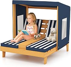 GYMAX Kids Double Sun Lounger, 2-Seater Garden Lounge Chair with Canopy, Cushions and Cup Holders, Outdoor Children Patio Furniture for 3 Years Old+