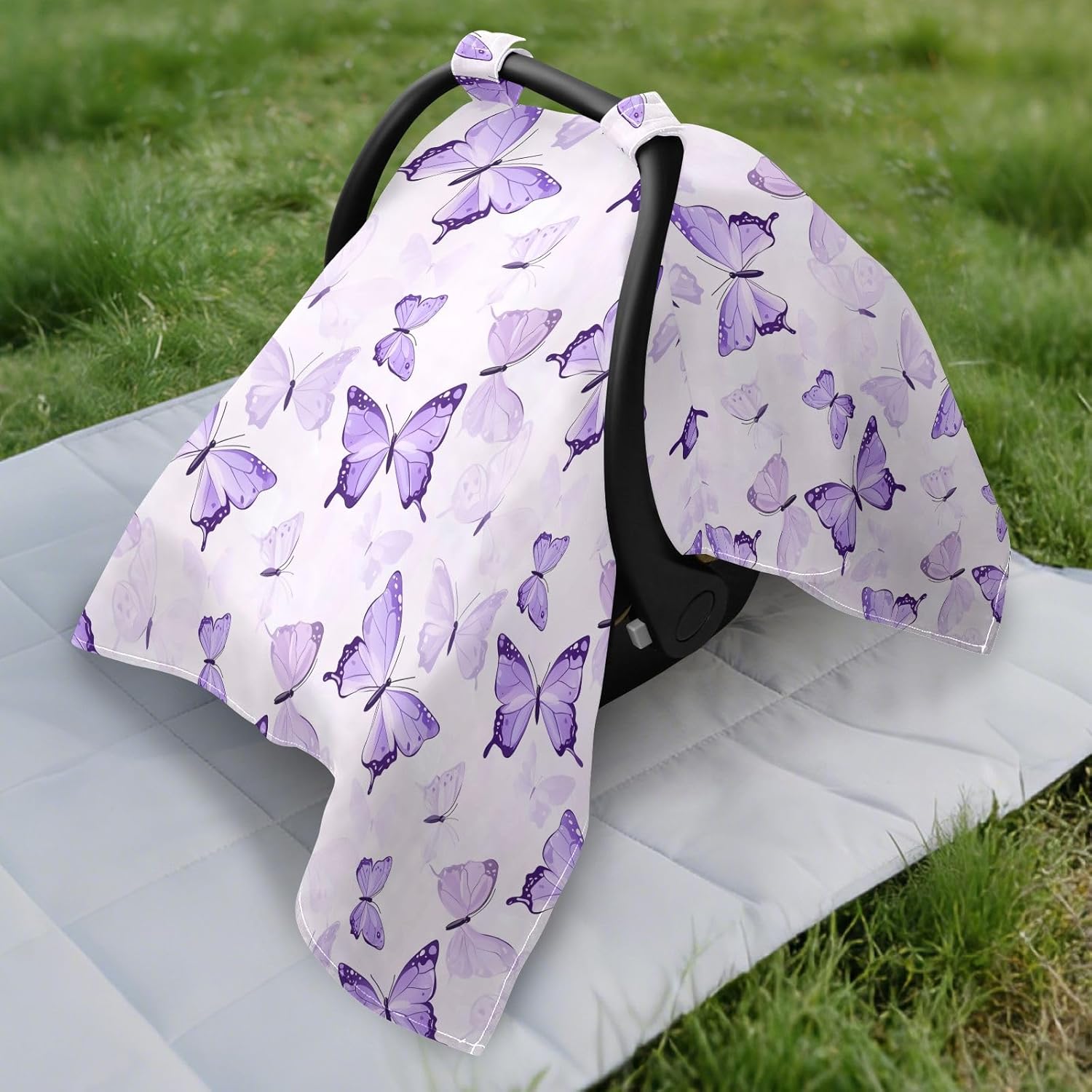 Purple Butterflies Infant Car Seat Cover Baby Stroller Carseat Covers Canopy Girls Boys Muslin Breathable Soft Lightweight Sun Shade Universal Fit