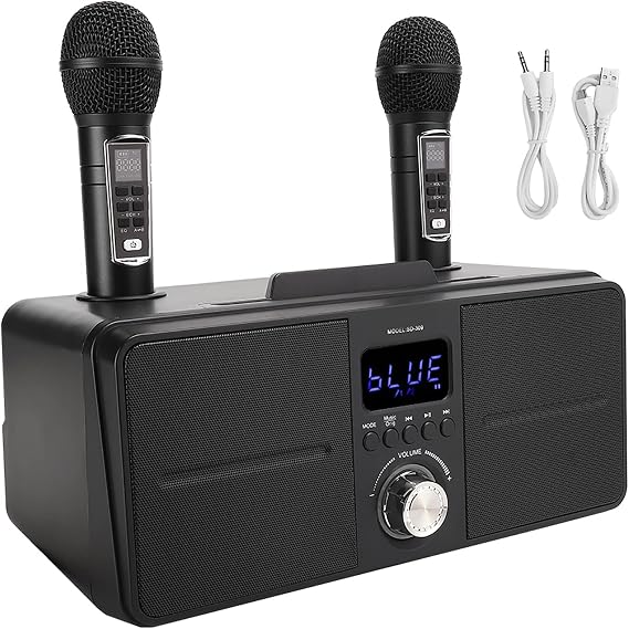 Karaoke Machine, Home Karaoke System with 2 Wireless Microphones, Supports AUX, USB, TF, for Home Parties Black