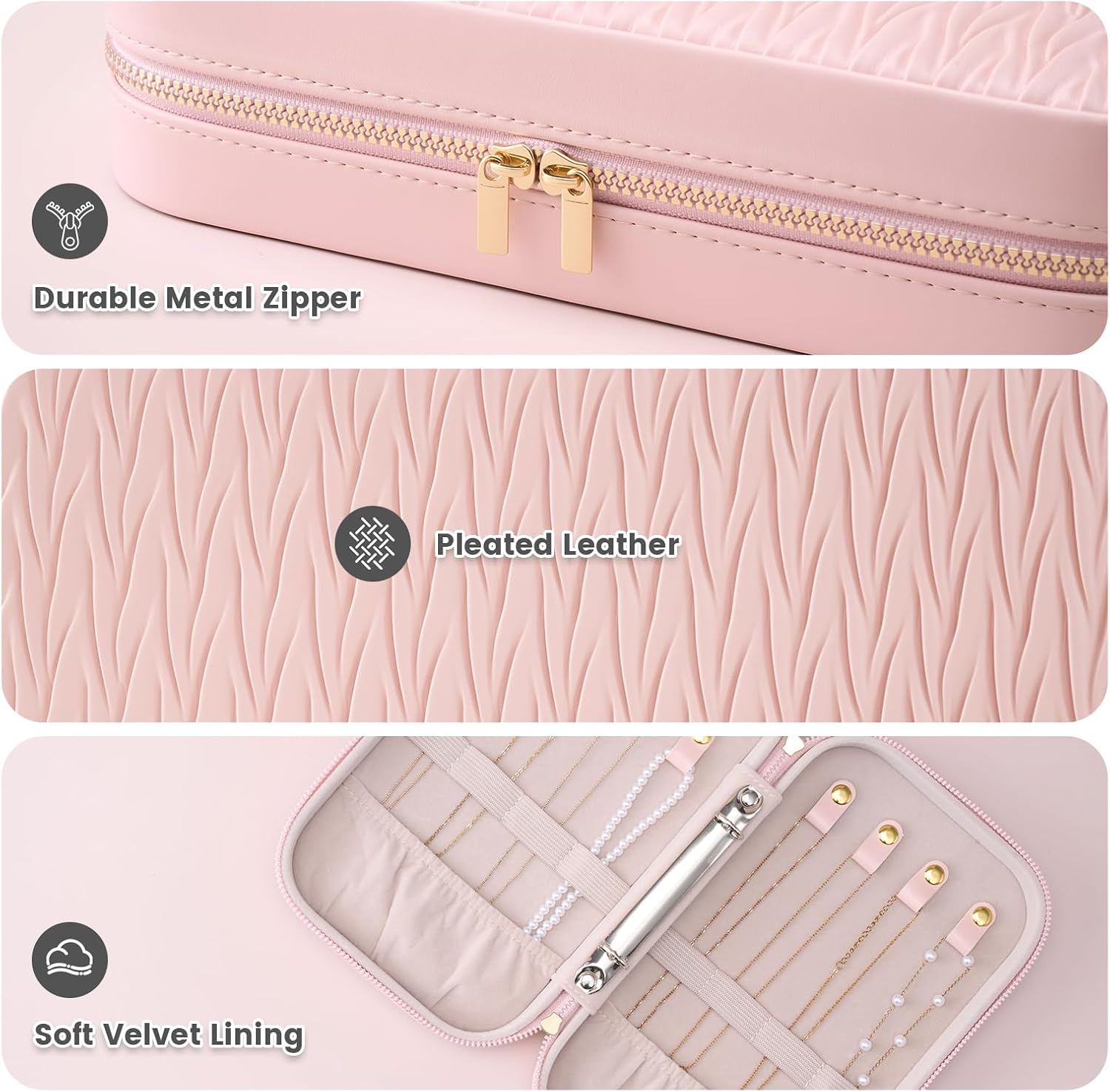 Lolalet Large Jewelry Organizer, Jewelry Storage Case with Pocket, Earrings Necklaces Bracelets Ring Zippered Storage Pouch for Women -Pink