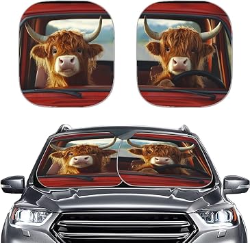 Windshield Sunshade 2 Piece Set Universal Fit Most Vehicles,Baby Highland Cow Car Sunshade UV Rays Sun Visor Shade