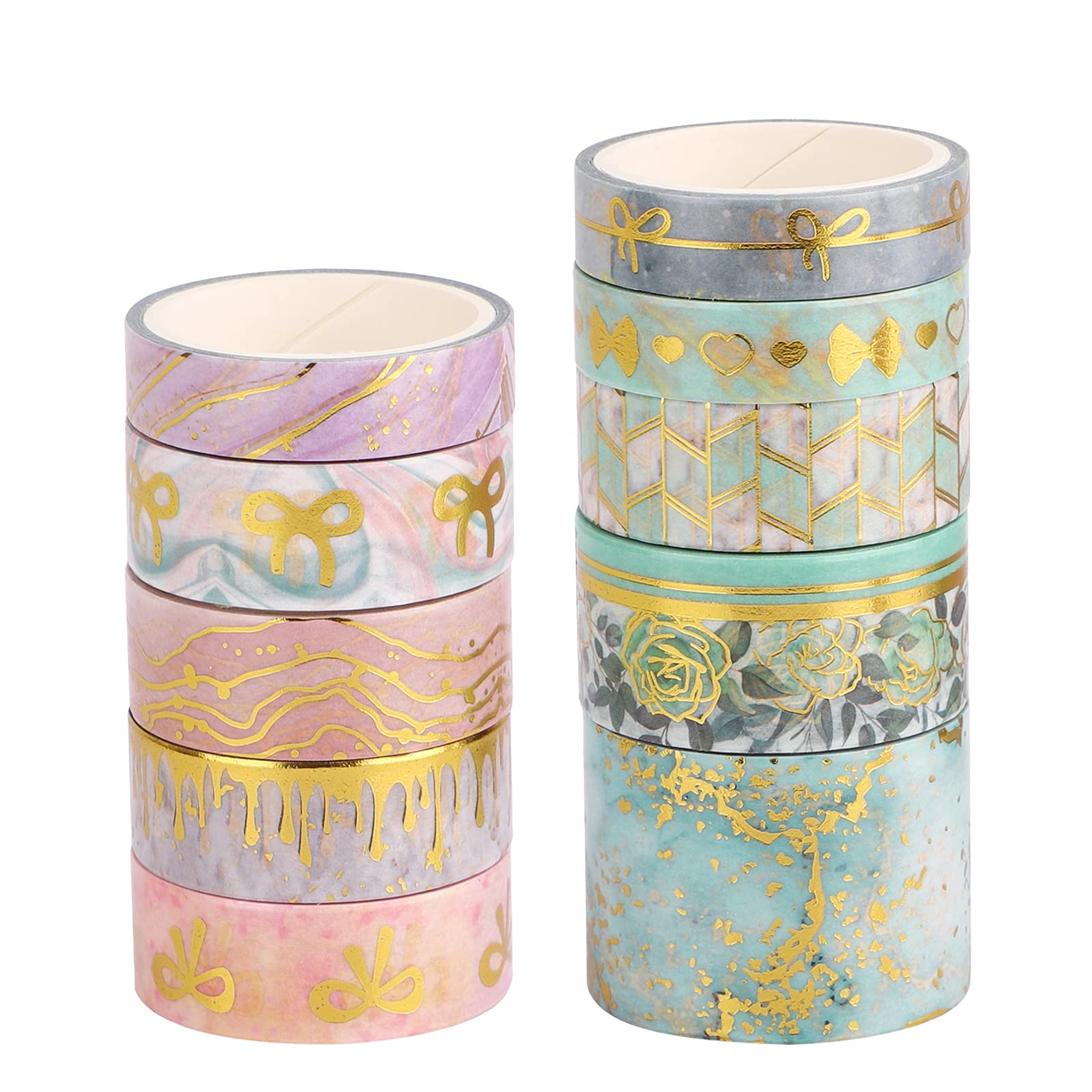 Washi Masking Tapes Set, 10 Rolls Gold Foil Decorative Washi Masking Tape Scrapbook Printing Decorative Masking Tape for DIY Gift Wrapping Craft Arts Bullet Journal