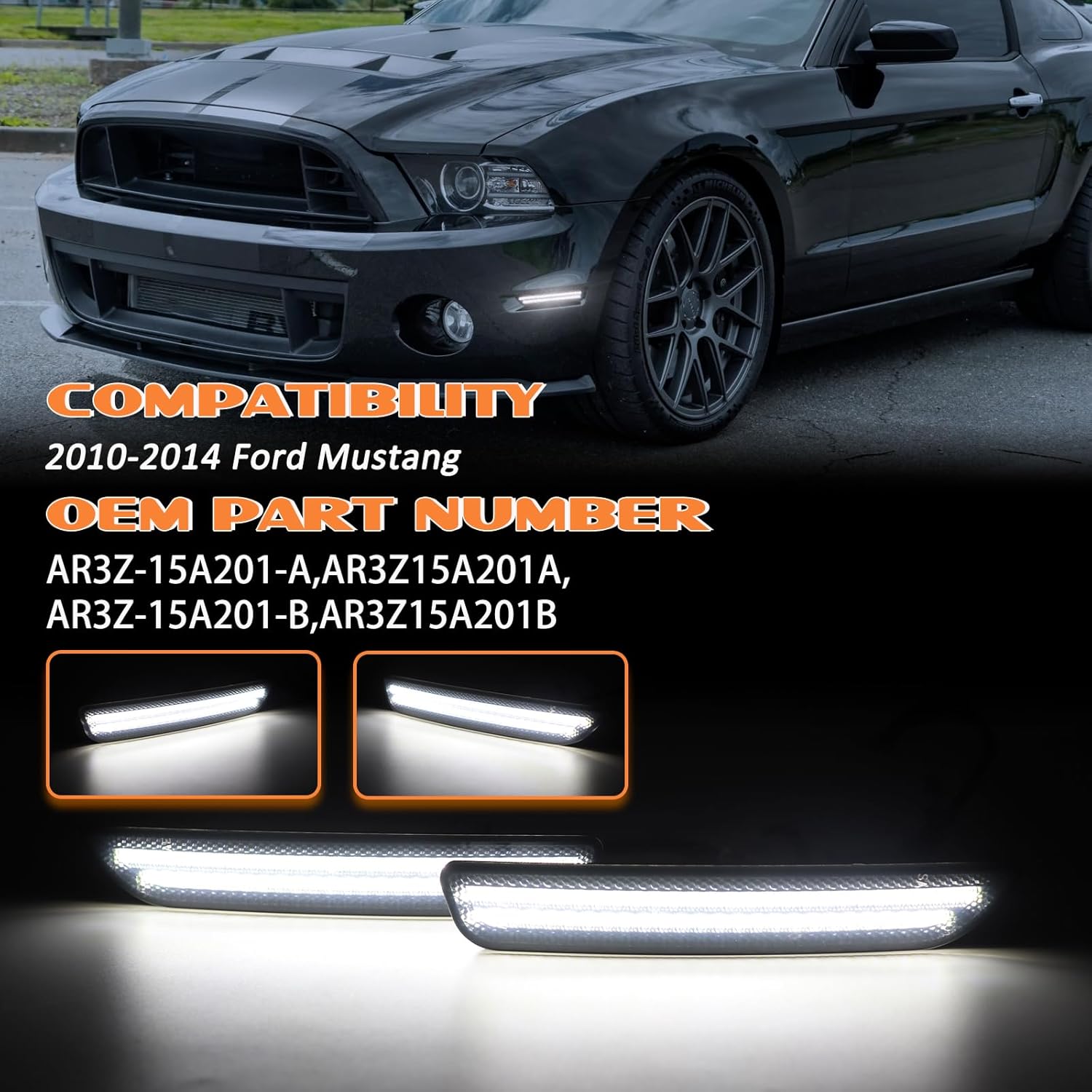Dynamic Front Side Marker Lights Compatible With 2010-2014 Ford Mustang Assembly, Side Bumper Marker Reflectors Lamp, Dual Rows Driver & Passenger Side Bumper White Lights, Smoked Lens 2PCS