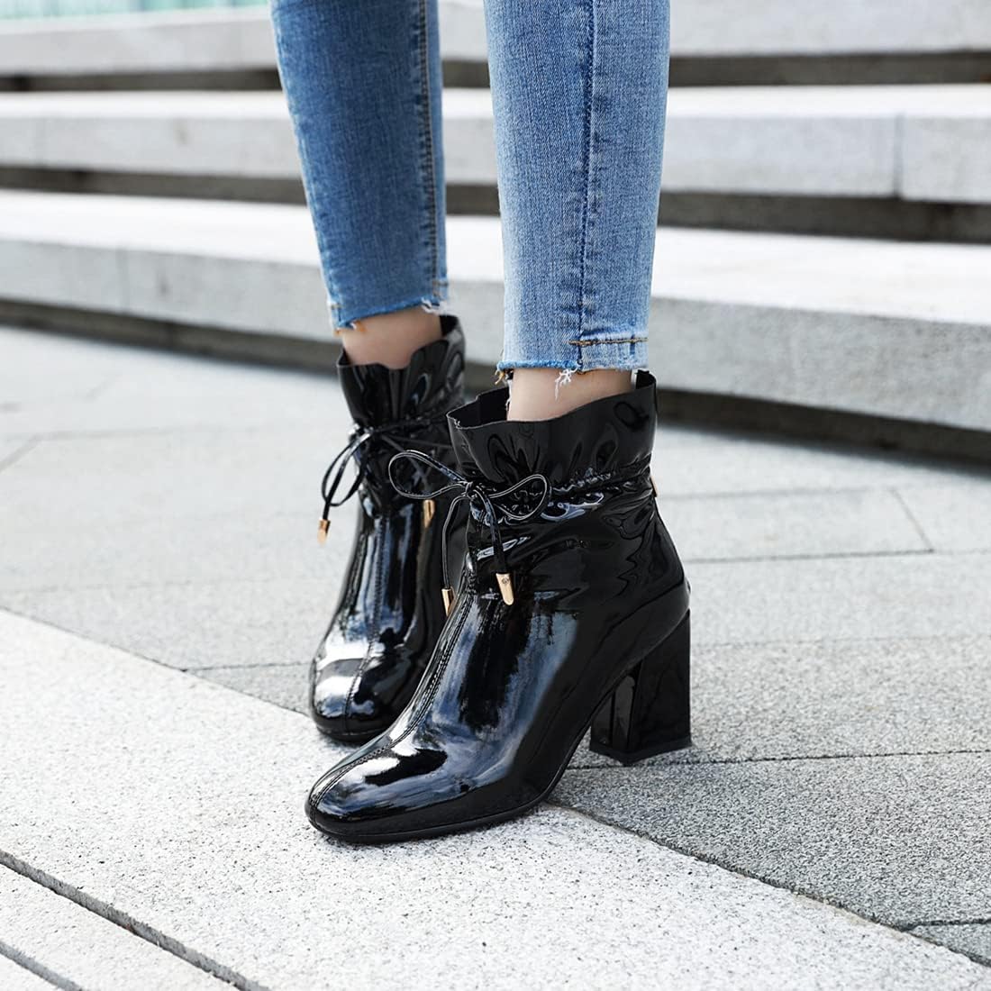 VOKLIN Women's Square Toe Dressy Ankle Boots Patent Leather Lace Up Zipper Chunky High Heel Short Booties