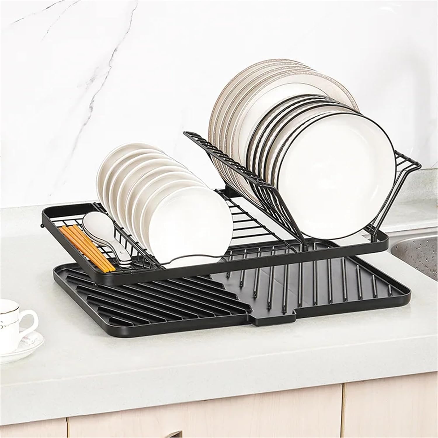 Foldable Dish Drying Rack With Drip Tray Adjustable Kitchen Plates Bowl Drying Rack Countertop Chopstick Fork Storage Shelf(White)